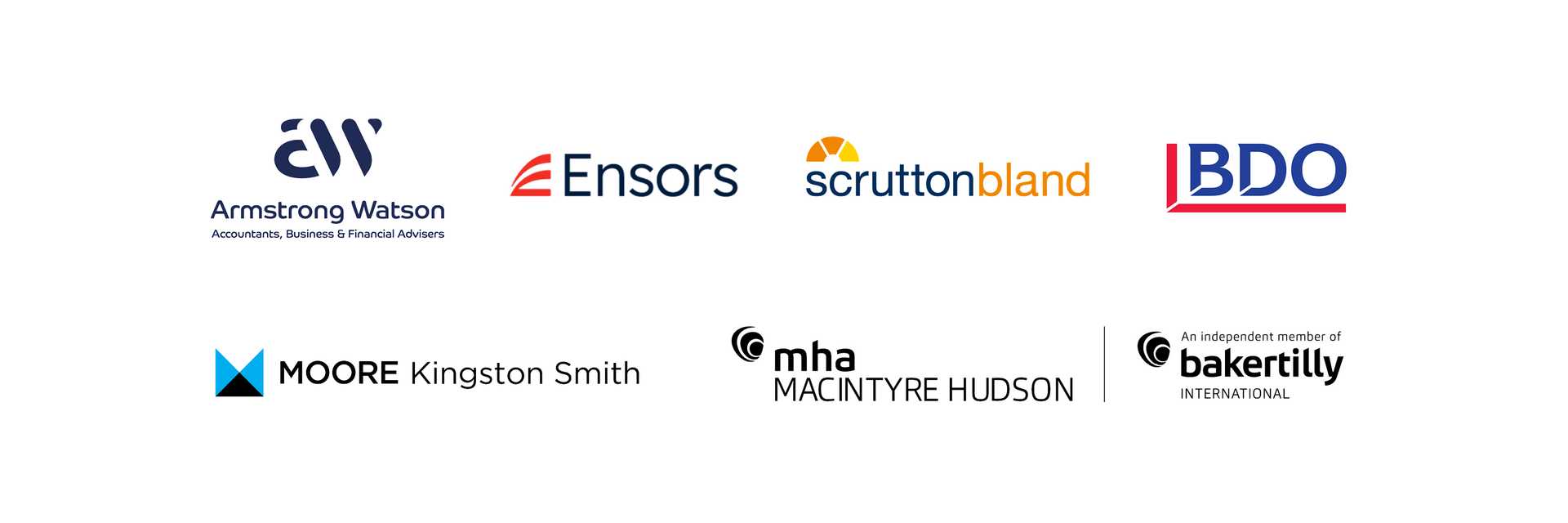 Logos for Armstrong Watson, Ensors, Scrutton Bland, BDO, Moore Kingston Smith, MHA, Baker Tilly